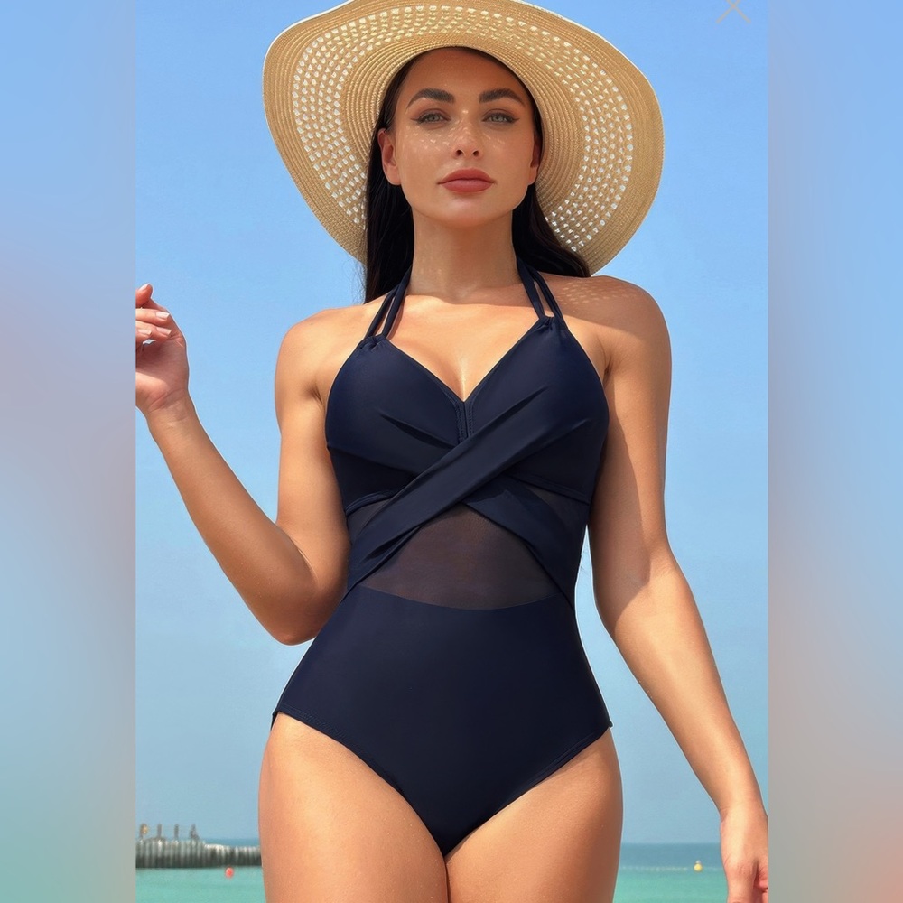 NWT_Boutique Color block halter cross lace one piece swimsuit women